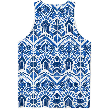Blue And White Aztec Pattern Print Men's Tank Top