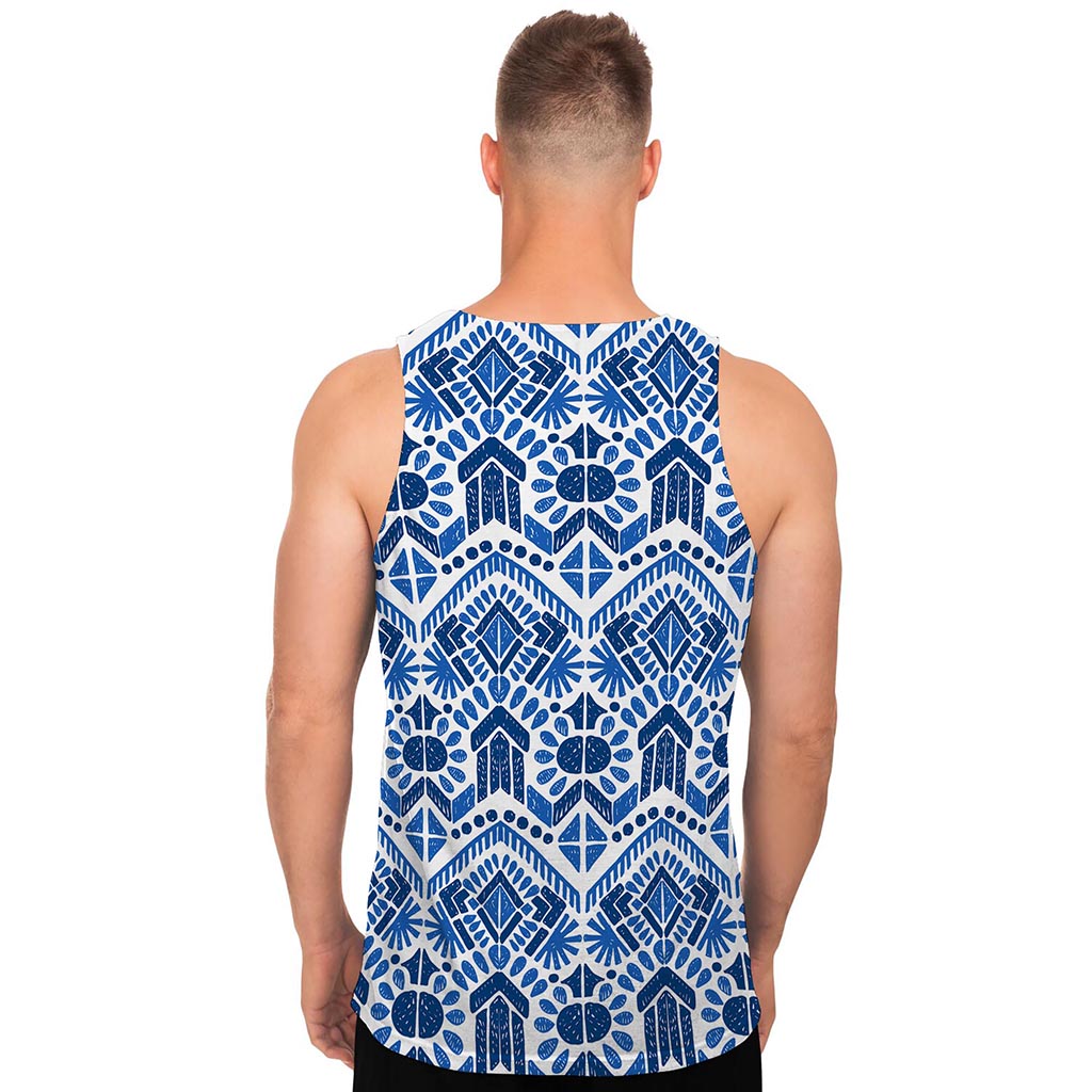 Blue And White Aztec Pattern Print Men's Tank Top