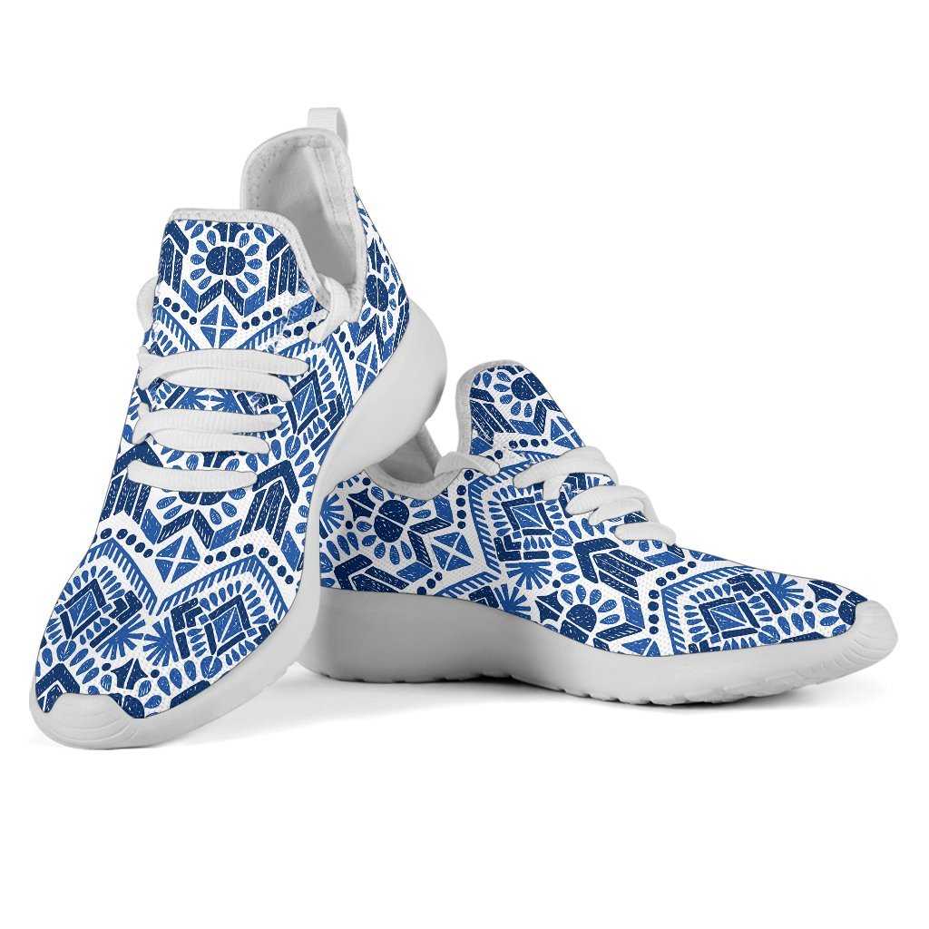 Blue And White Aztec Pattern Print Mesh Knit Shoes GearFrost
