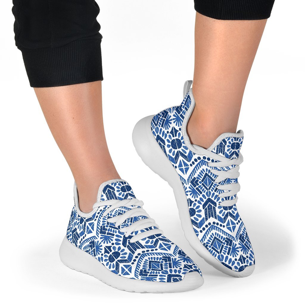 Blue And White Aztec Pattern Print Mesh Knit Shoes GearFrost