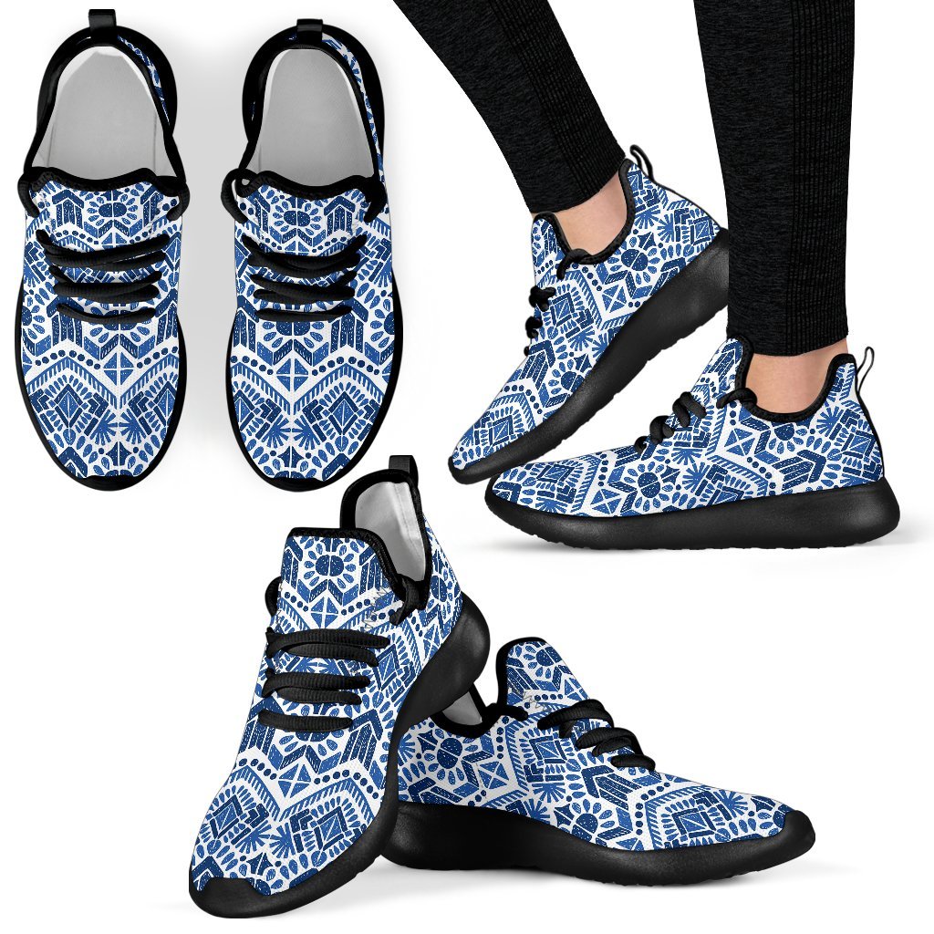 Blue And White Aztec Pattern Print Mesh Knit Shoes GearFrost