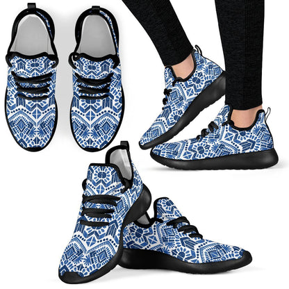 Blue And White Aztec Pattern Print Mesh Knit Shoes GearFrost