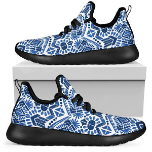 Blue And White Aztec Pattern Print Mesh Knit Shoes GearFrost