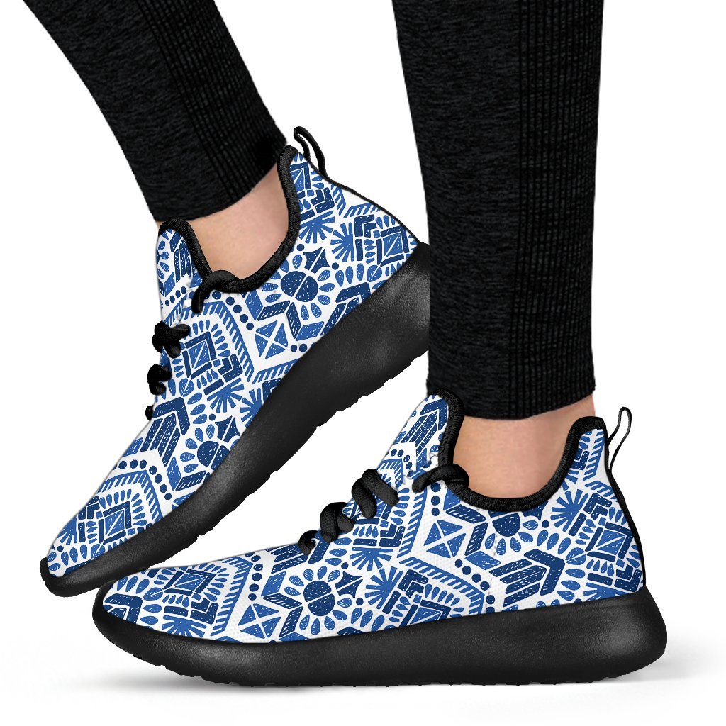Blue And White Aztec Pattern Print Mesh Knit Shoes GearFrost