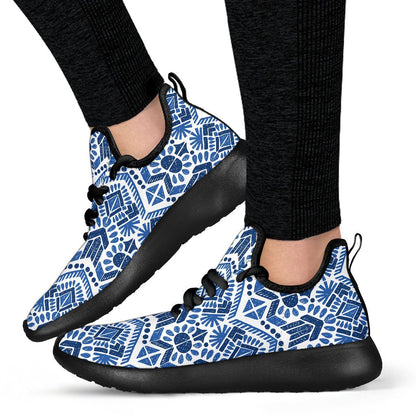 Blue And White Aztec Pattern Print Mesh Knit Shoes GearFrost