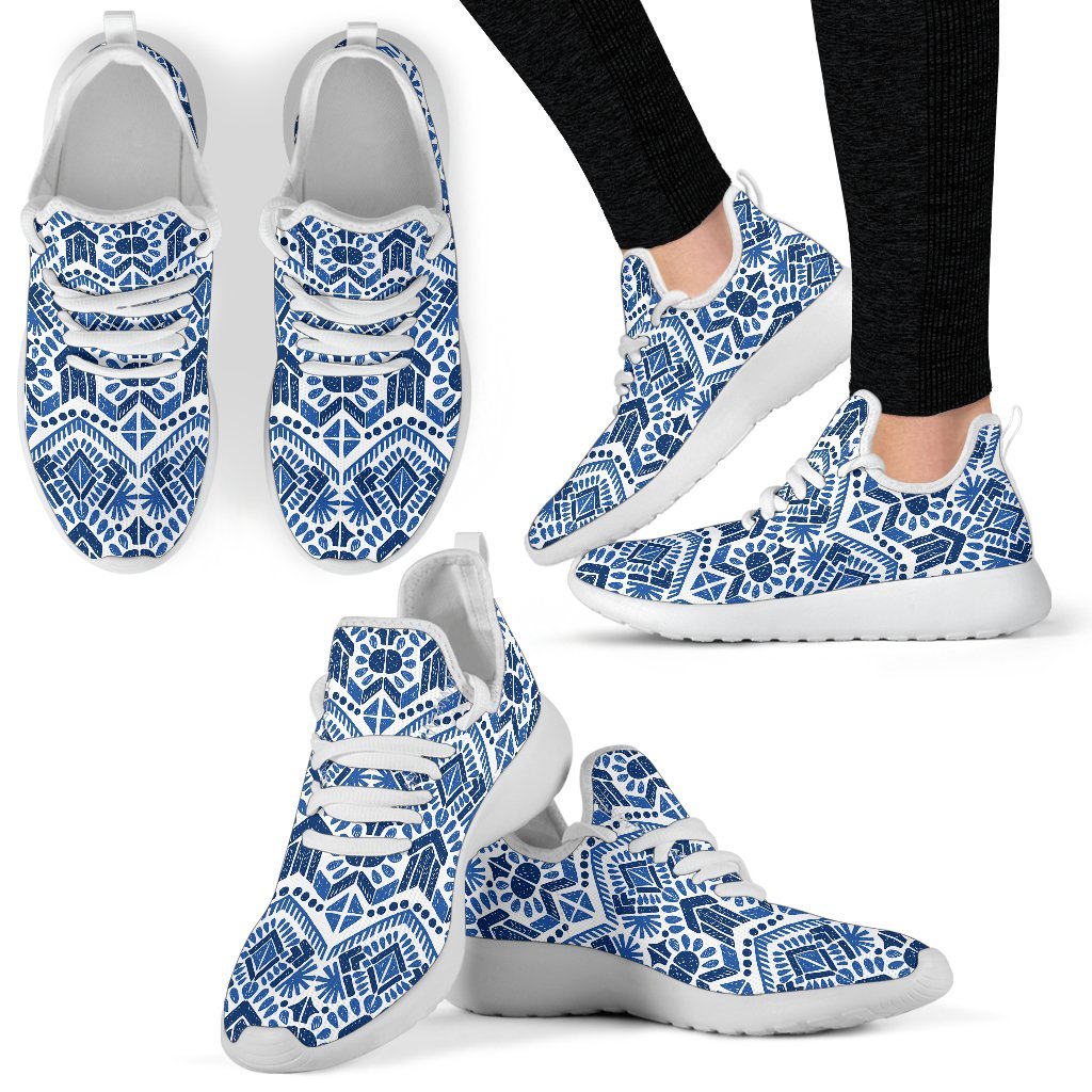 Blue And White Aztec Pattern Print Mesh Knit Shoes GearFrost