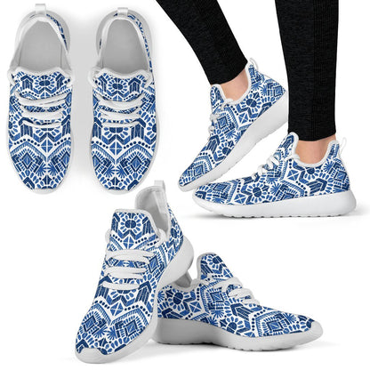 Blue And White Aztec Pattern Print Mesh Knit Shoes GearFrost
