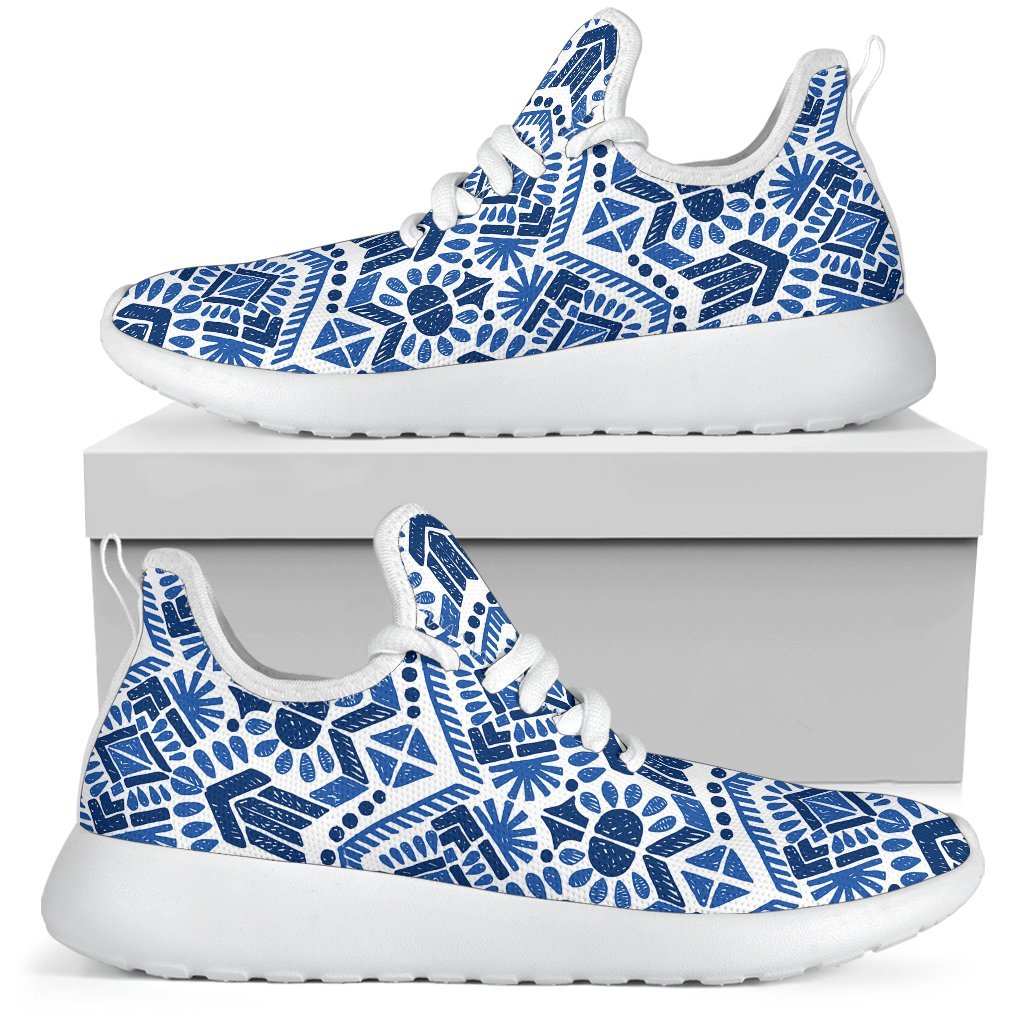Blue And White Aztec Pattern Print Mesh Knit Shoes GearFrost