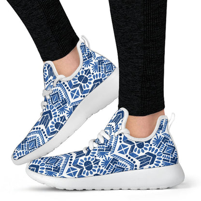 Blue And White Aztec Pattern Print Mesh Knit Shoes GearFrost
