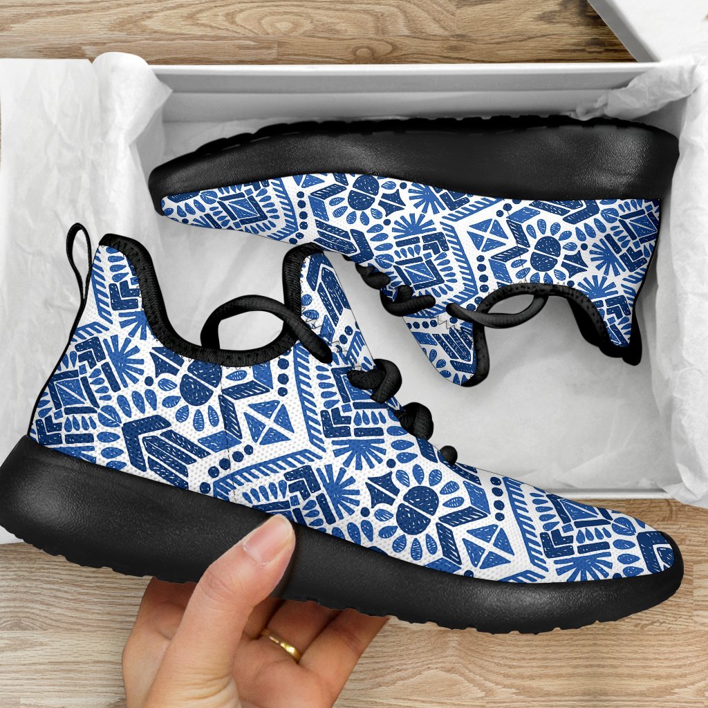 Blue And White Aztec Pattern Print Mesh Knit Shoes GearFrost