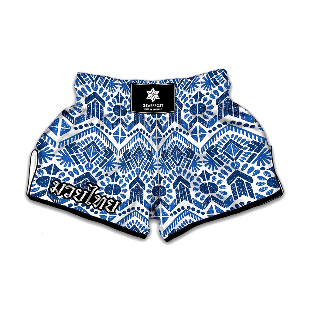 Blue And White Aztec Pattern Print Muay Thai Boxing Shorts