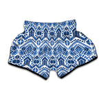 Blue And White Aztec Pattern Print Muay Thai Boxing Shorts