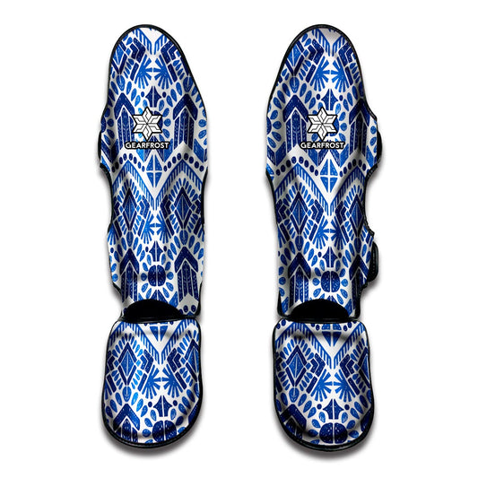Blue And White Aztec Pattern Print Muay Thai Shin Guard