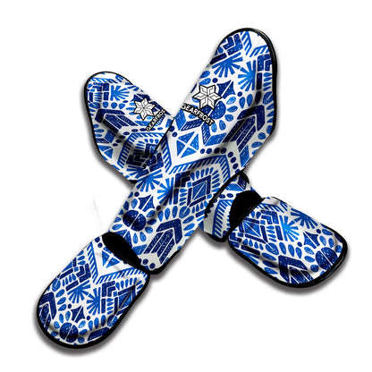 Blue And White Aztec Pattern Print Muay Thai Shin Guard
