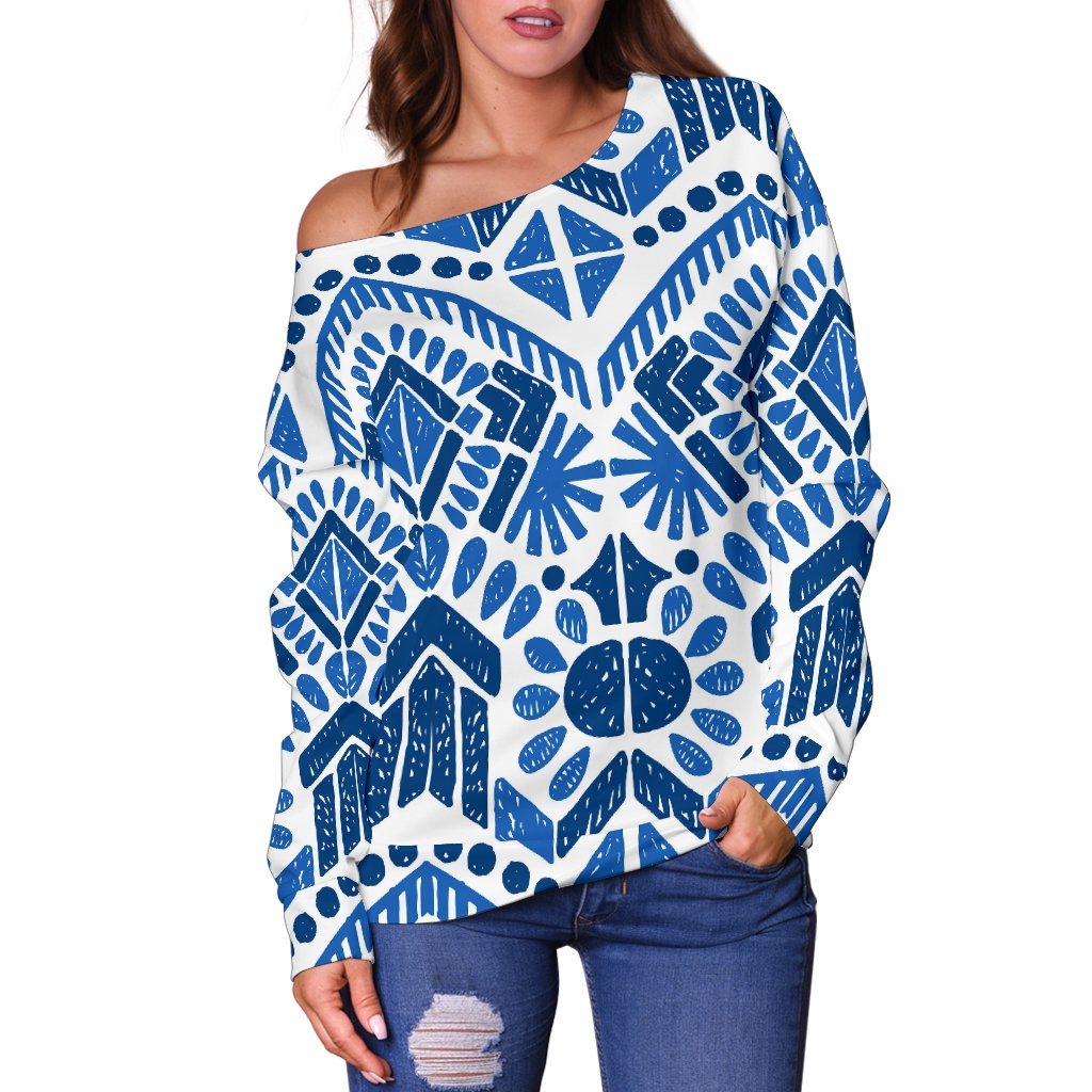Blue And White Aztec Pattern Print Off Shoulder Sweatshirt GearFrost