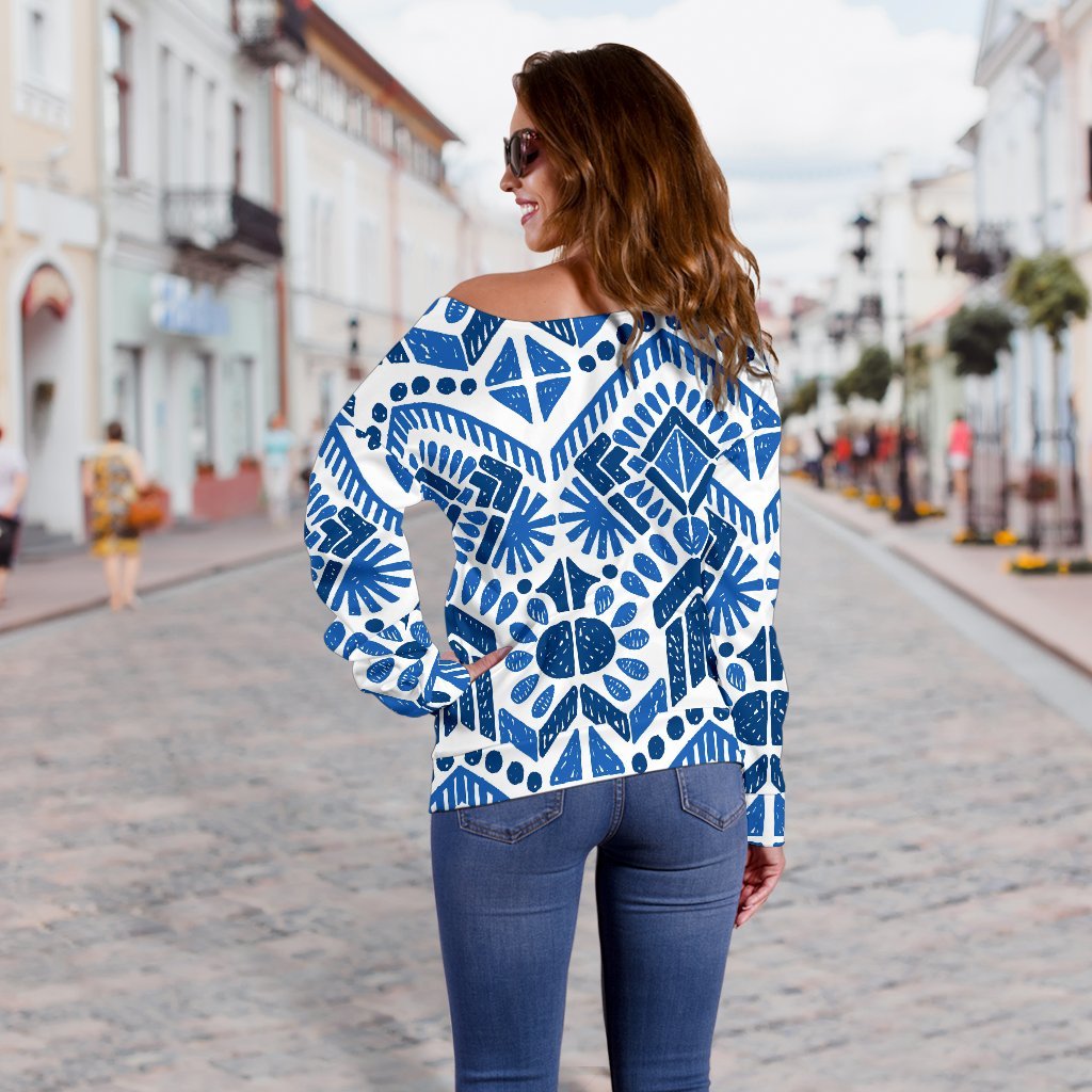 Blue And White Aztec Pattern Print Off Shoulder Sweatshirt GearFrost