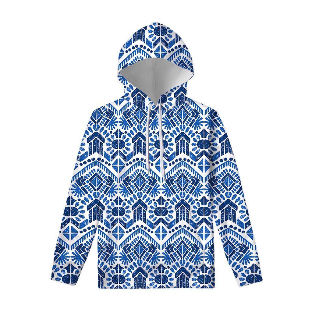 Blue And White Aztec Pattern Print Pullover Hoodie