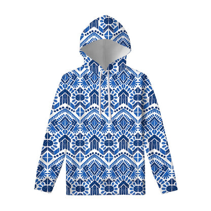 Blue And White Aztec Pattern Print Pullover Hoodie