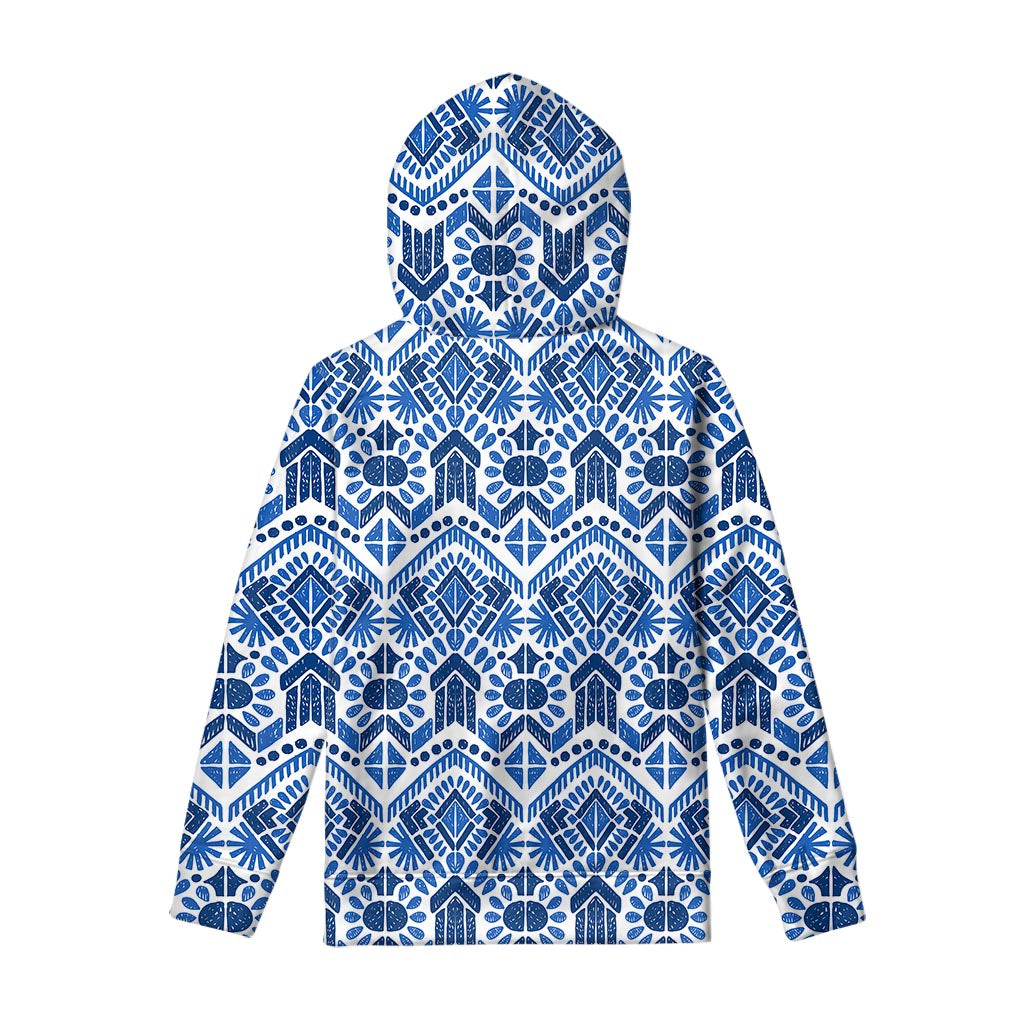 Blue And White Aztec Pattern Print Pullover Hoodie