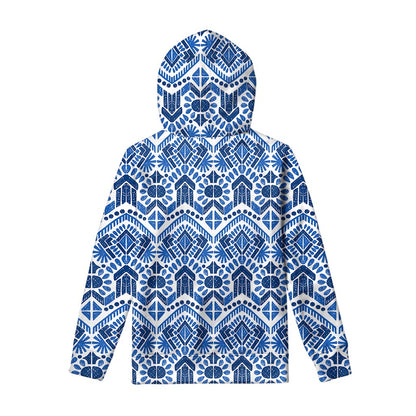 Blue And White Aztec Pattern Print Pullover Hoodie
