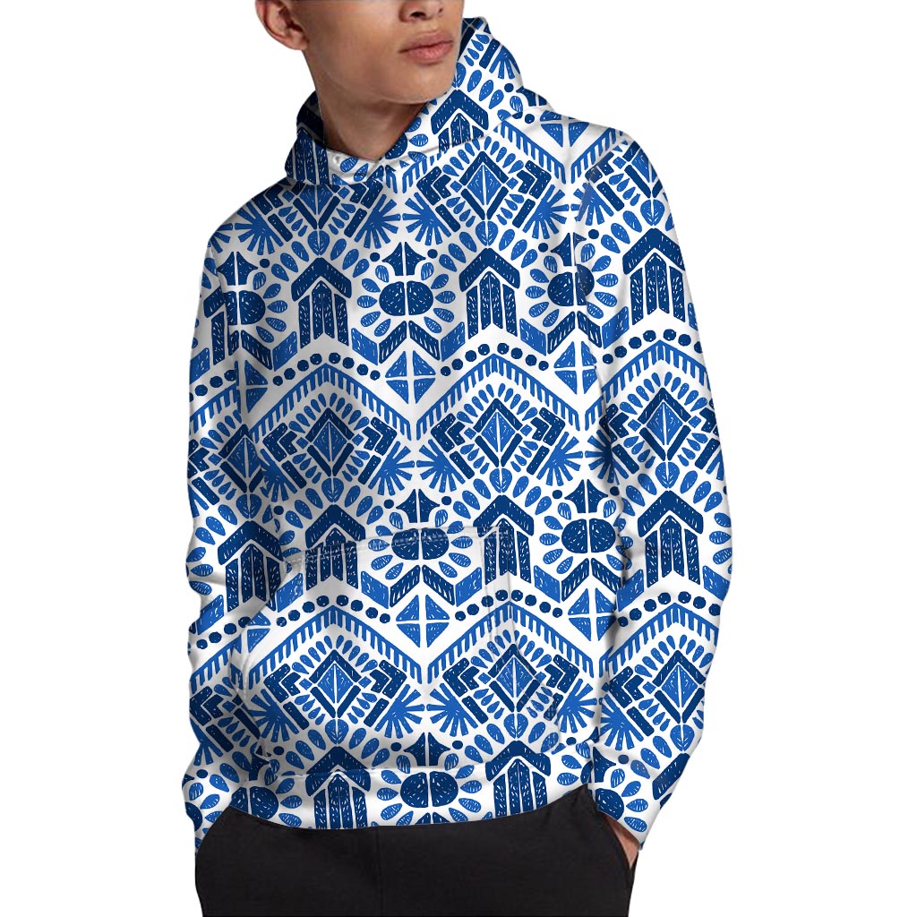 Blue And White Aztec Pattern Print Pullover Hoodie