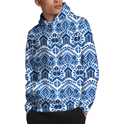 Blue And White Aztec Pattern Print Pullover Hoodie