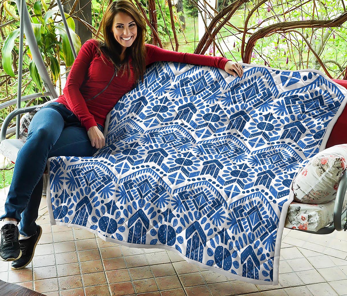 Blue And White Aztec Pattern Print Quilt