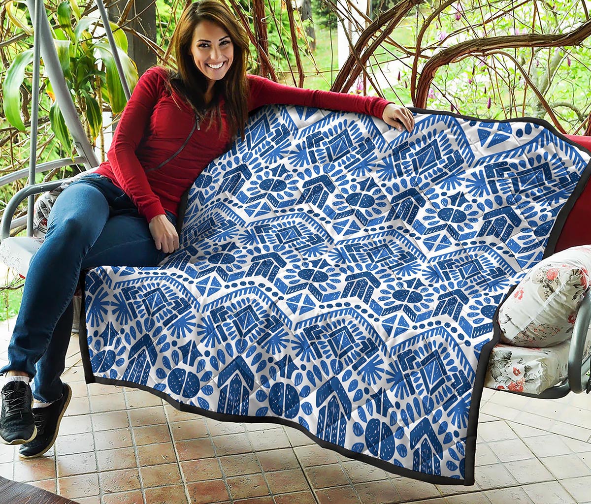 Blue And White Aztec Pattern Print Quilt