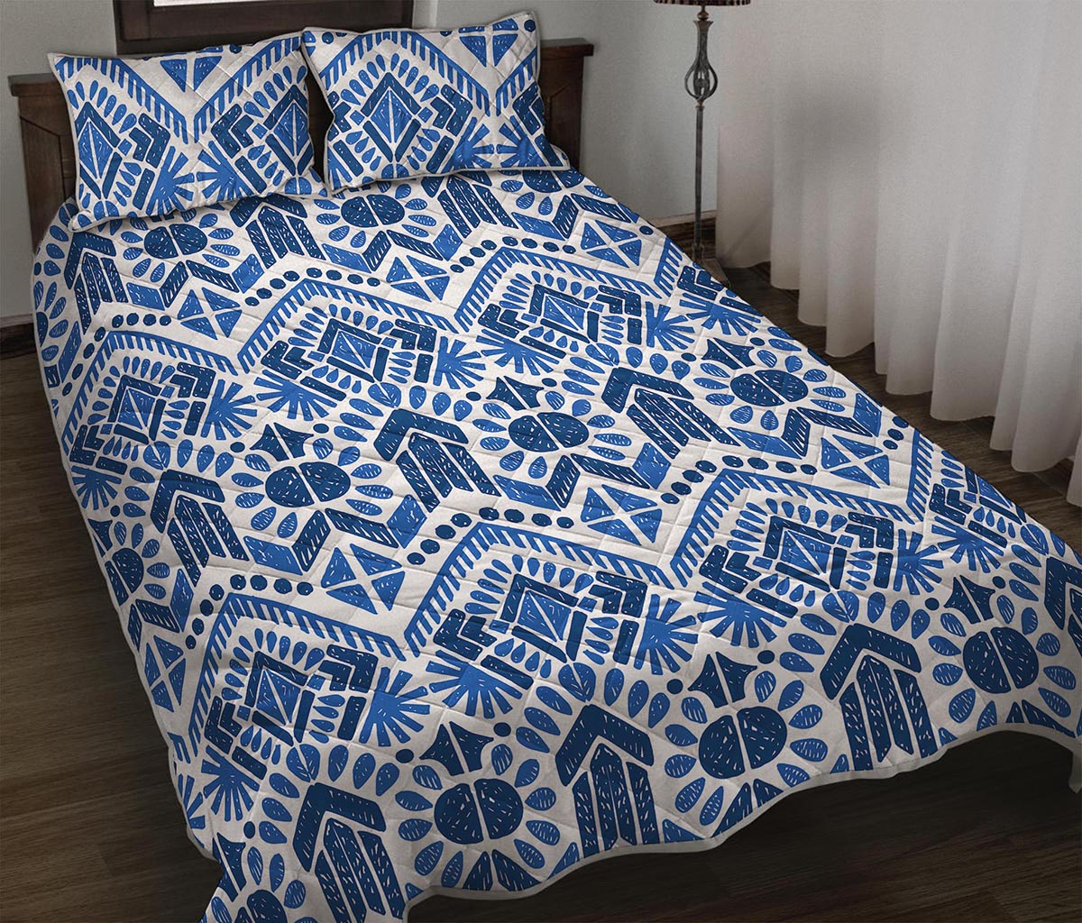 Blue And White Aztec Pattern Print Quilt Bed Set