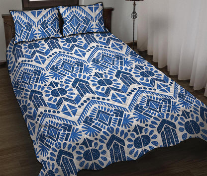 Blue And White Aztec Pattern Print Quilt Bed Set