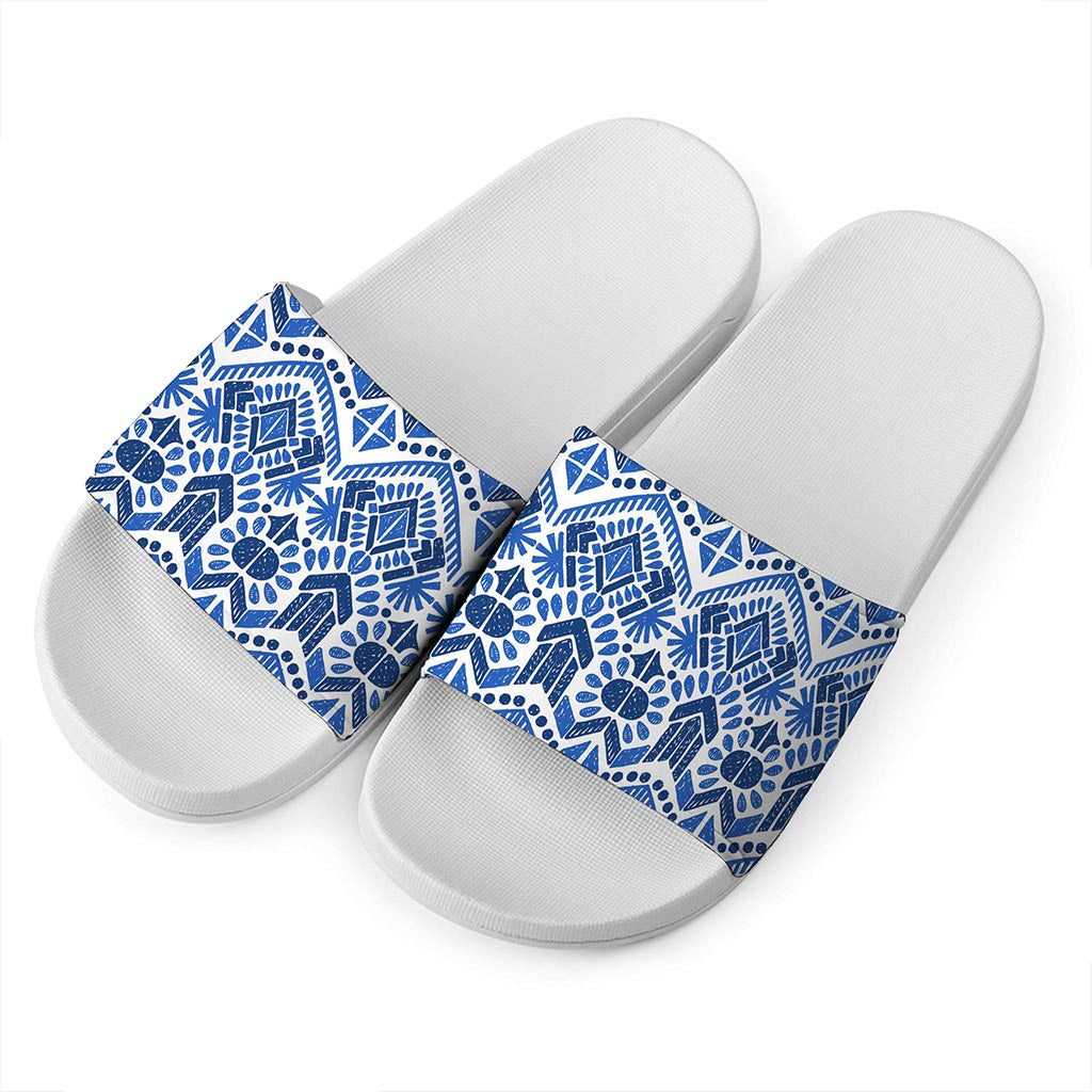 Blue And White Aztec Pattern Print White Slide Sandals
