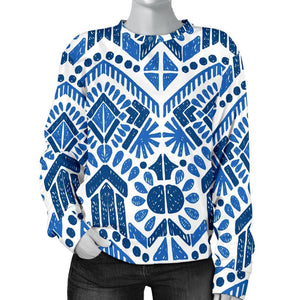 Blue And White Aztec Pattern Print Women's Crewneck Sweatshirt GearFrost