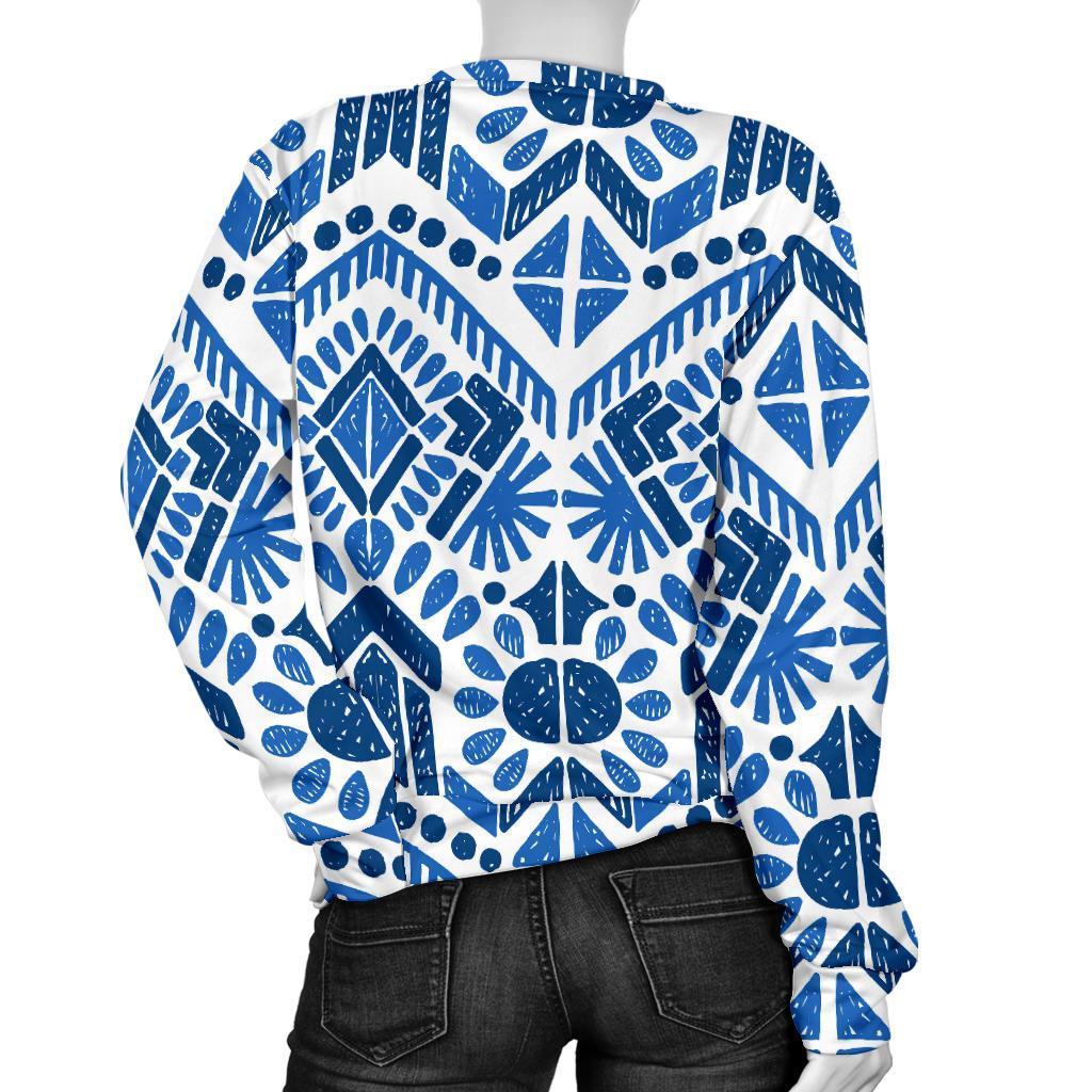 Blue And White Aztec Pattern Print Women's Crewneck Sweatshirt GearFrost