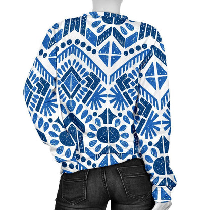 Blue And White Aztec Pattern Print Women's Crewneck Sweatshirt GearFrost
