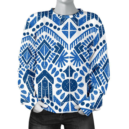 Blue And White Aztec Pattern Print Women's Crewneck Sweatshirt GearFrost