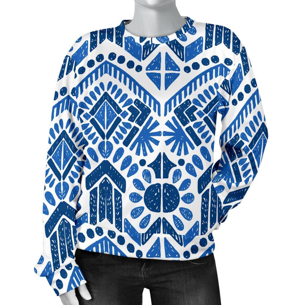 Blue And White Aztec Pattern Print Women's Crewneck Sweatshirt GearFrost