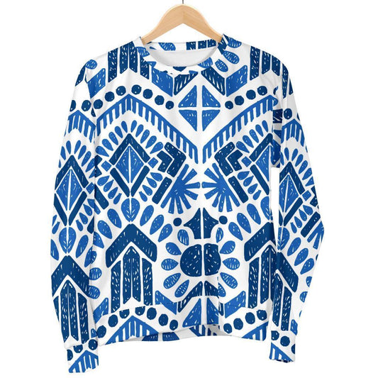 Blue And White Aztec Pattern Print Women's Crewneck Sweatshirt GearFrost