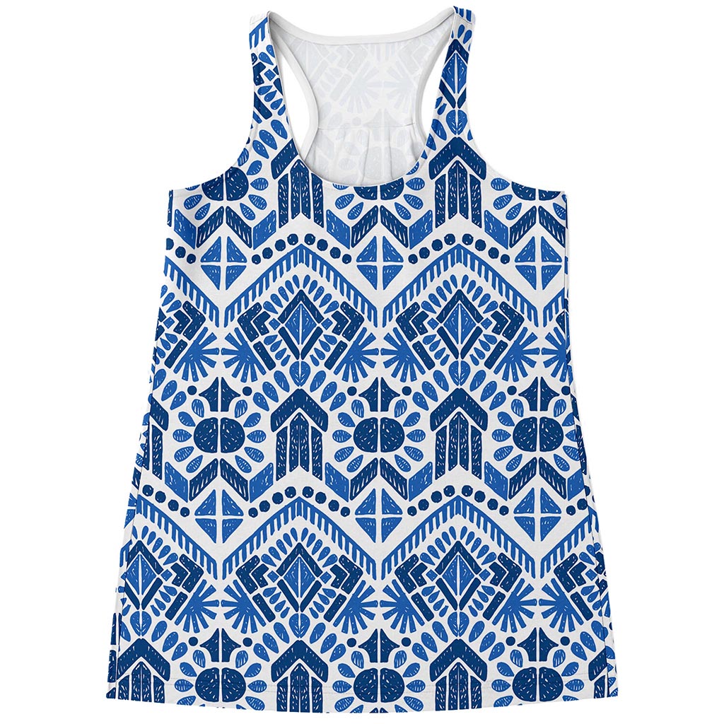 Blue And White Aztec Pattern Print Women's Racerback Tank Top