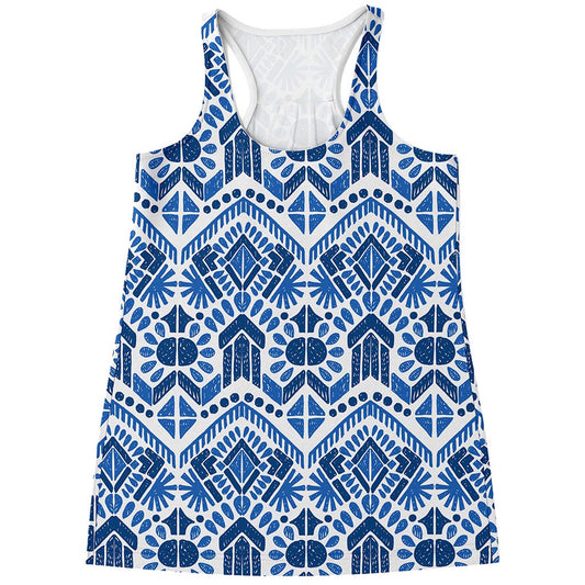 Blue And White Aztec Pattern Print Women's Racerback Tank Top