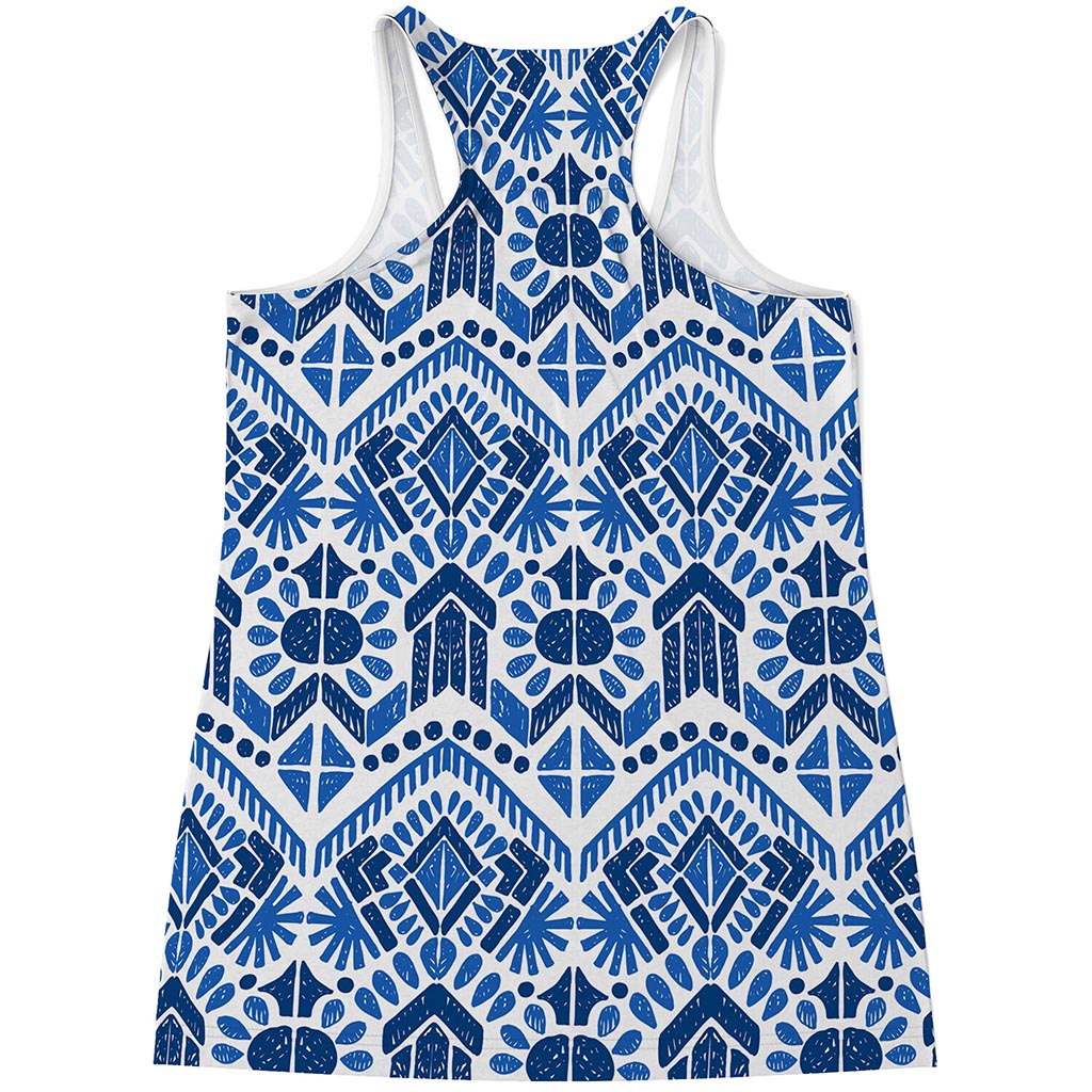 Blue And White Aztec Pattern Print Women's Racerback Tank Top