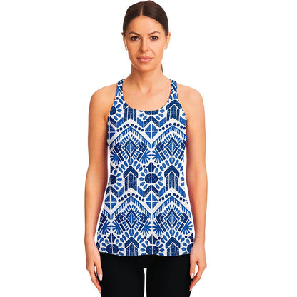 Blue And White Aztec Pattern Print Women's Racerback Tank Top