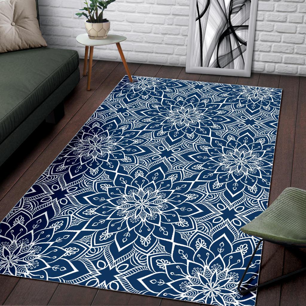 Blue And White Bohemian Mandala Print Area Rug GearFrost