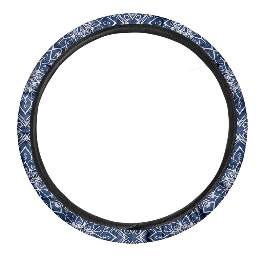 Blue And White Bohemian Mandala Print Car Steering Wheel Cover