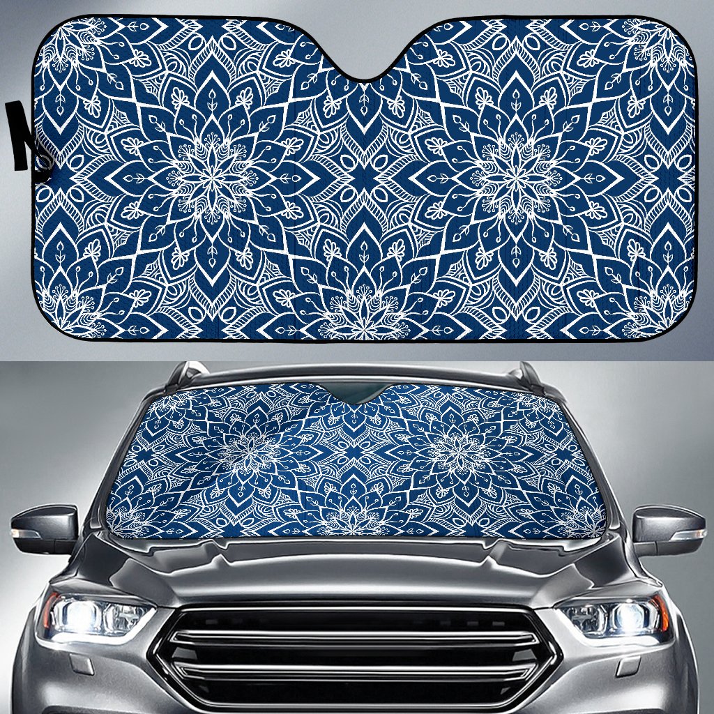 Blue And White Bohemian Mandala Print Car Sun Shade GearFrost