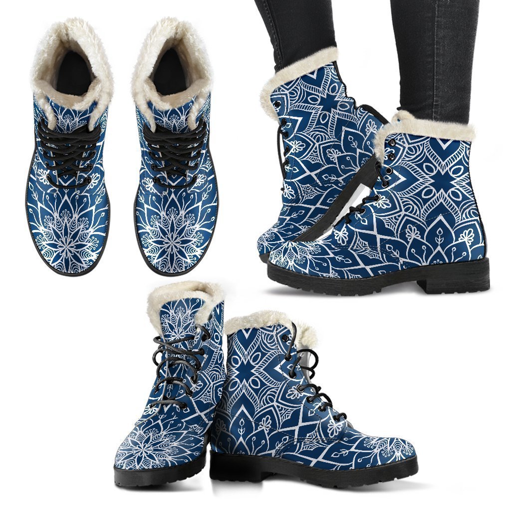 Blue And White Bohemian Mandala Print Comfy Boots GearFrost