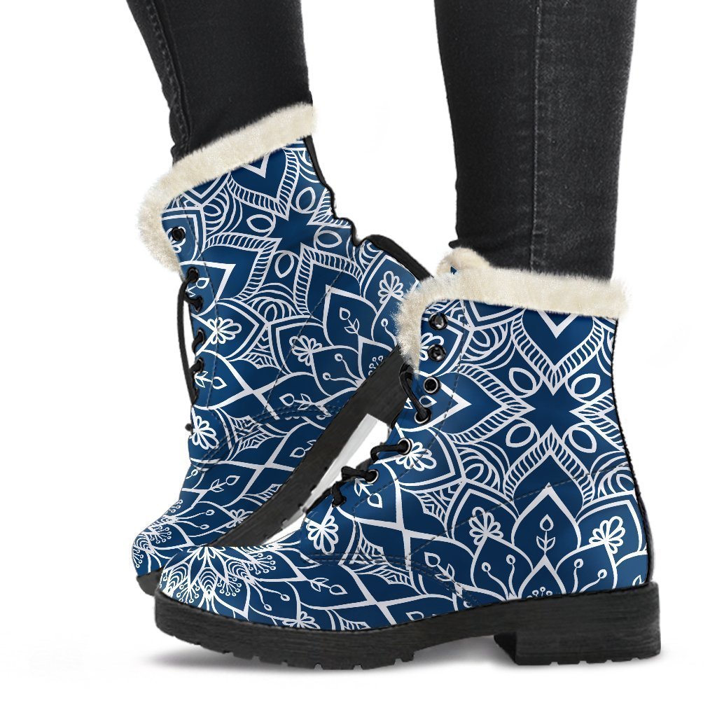 Blue And White Bohemian Mandala Print Comfy Boots GearFrost