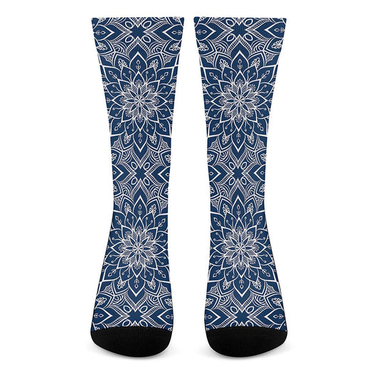 Blue And White Bohemian Mandala Print Crew Socks