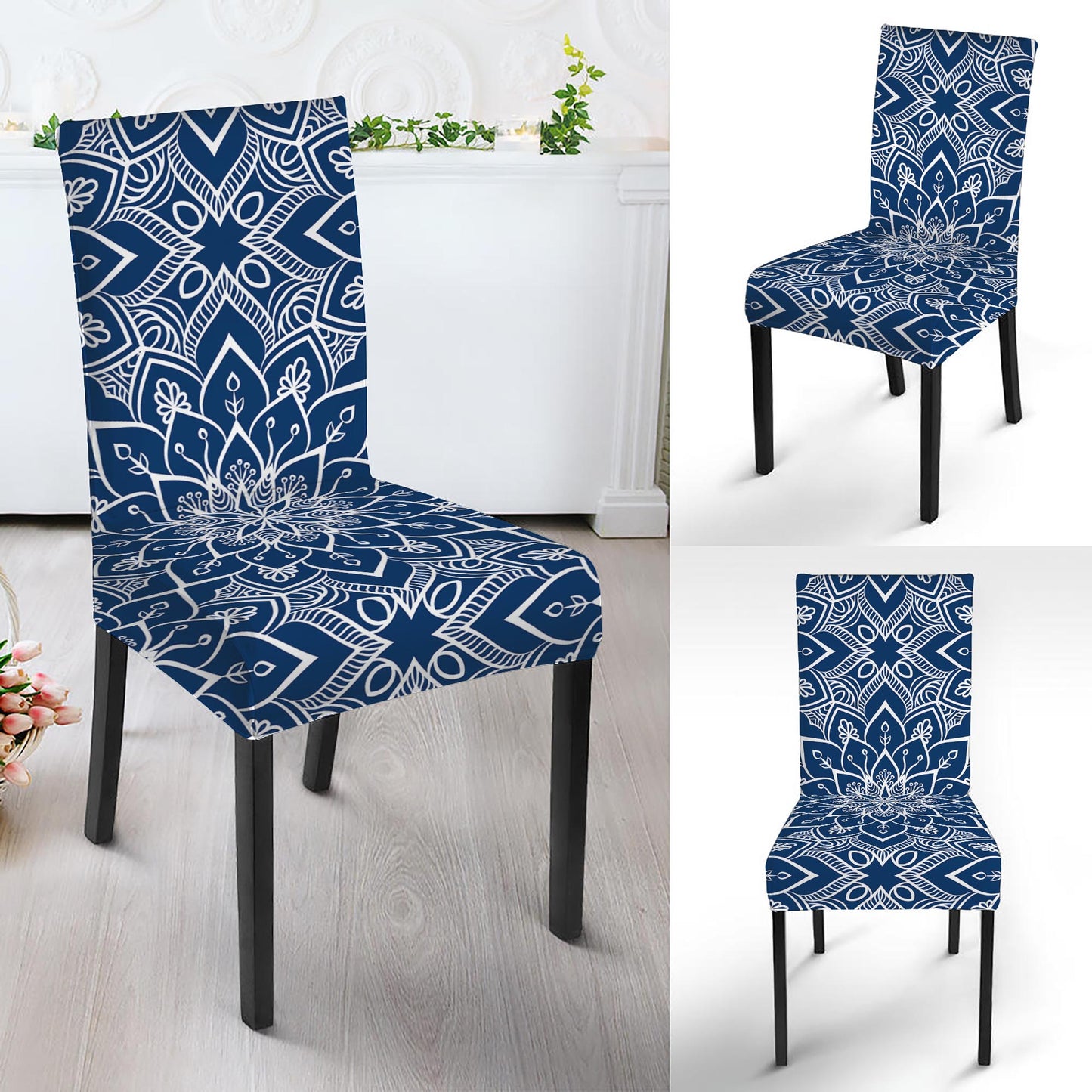 Blue And White Bohemian Mandala Print Dining Chair Slipcover