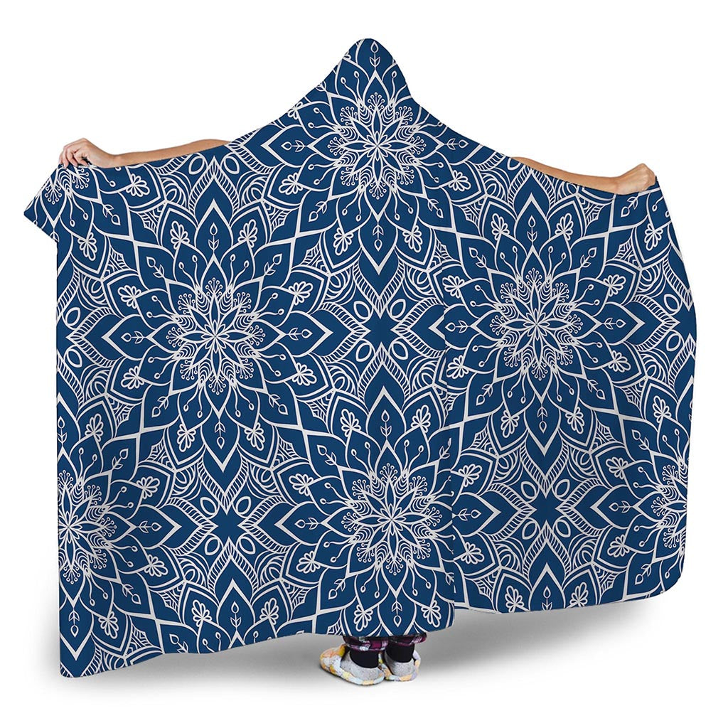 Blue And White Bohemian Mandala Print Hooded Blanket