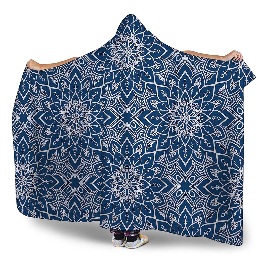 Blue And White Bohemian Mandala Print Hooded Blanket